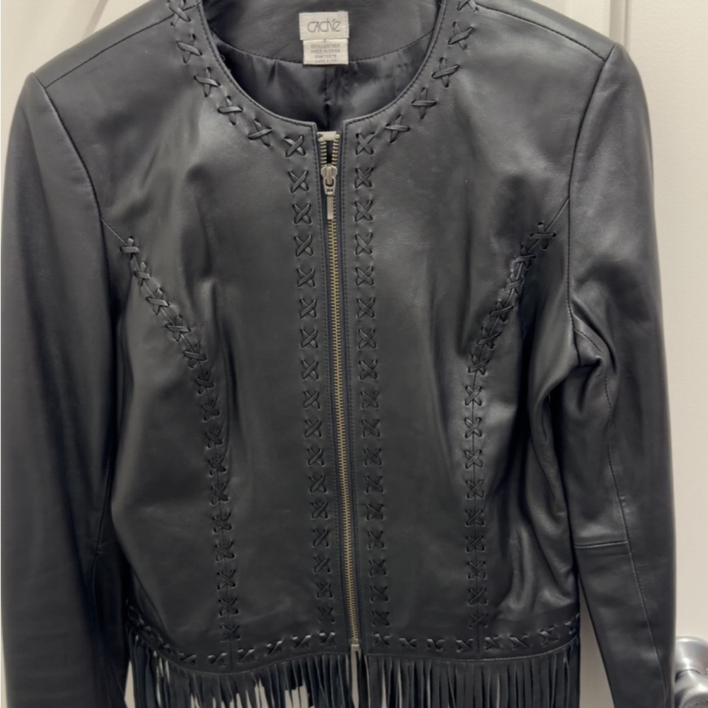Cache Collarless Braided Leather Jacket with Fringe Trim
